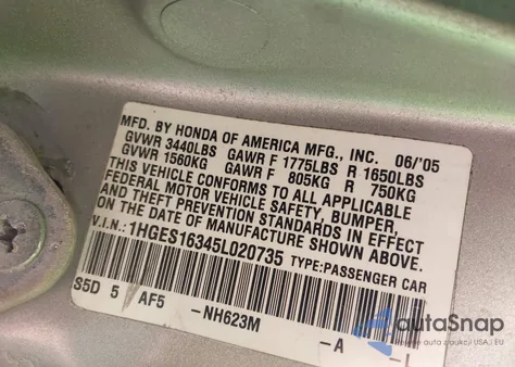 2005 Honda Civic Vp из США, поврежденный, VIN 1HGES16345L020735